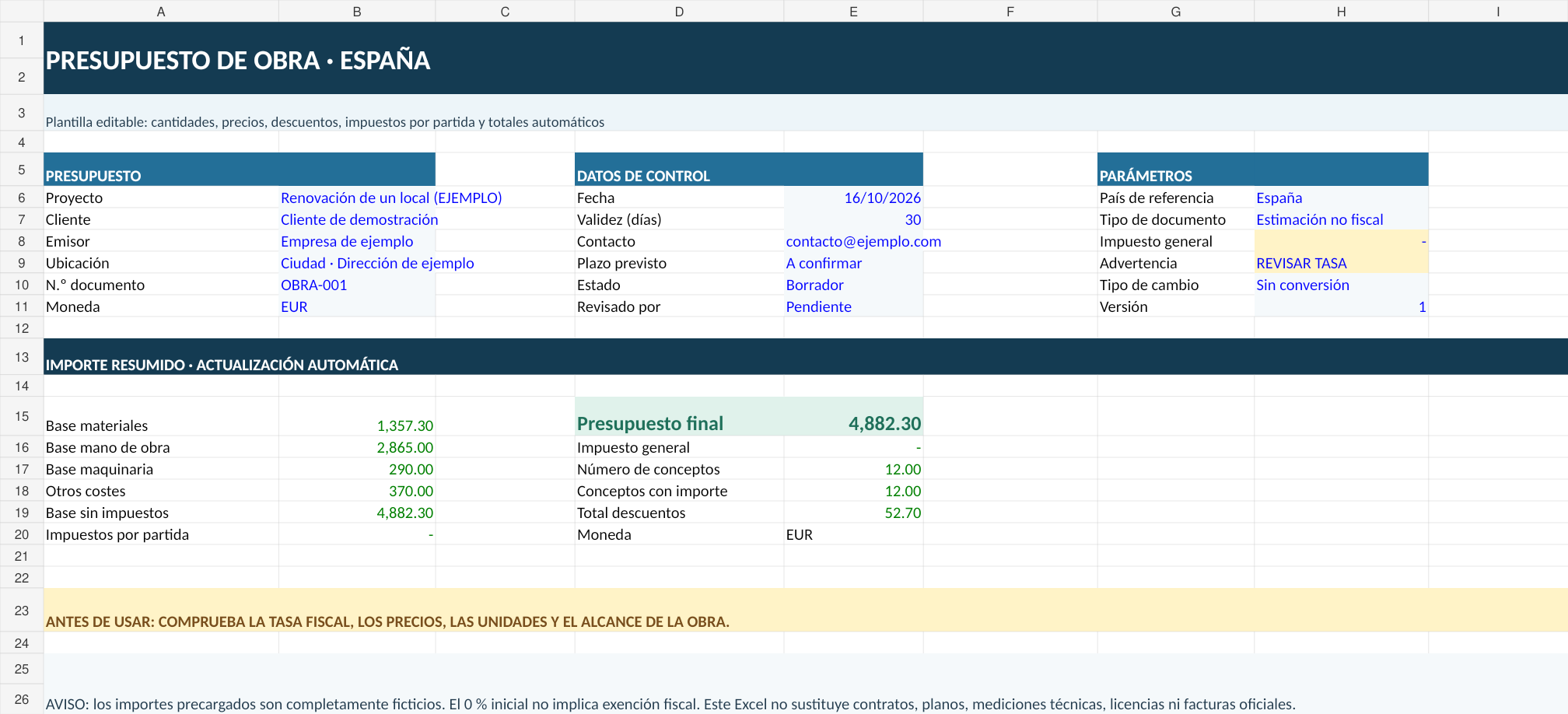 Presupuesto de obra en Excel automático: 3 modelos gratis 3 Vista previa real de Presupuesto de reformas en Excel para España en Excel con resumen de costes y campos editables
