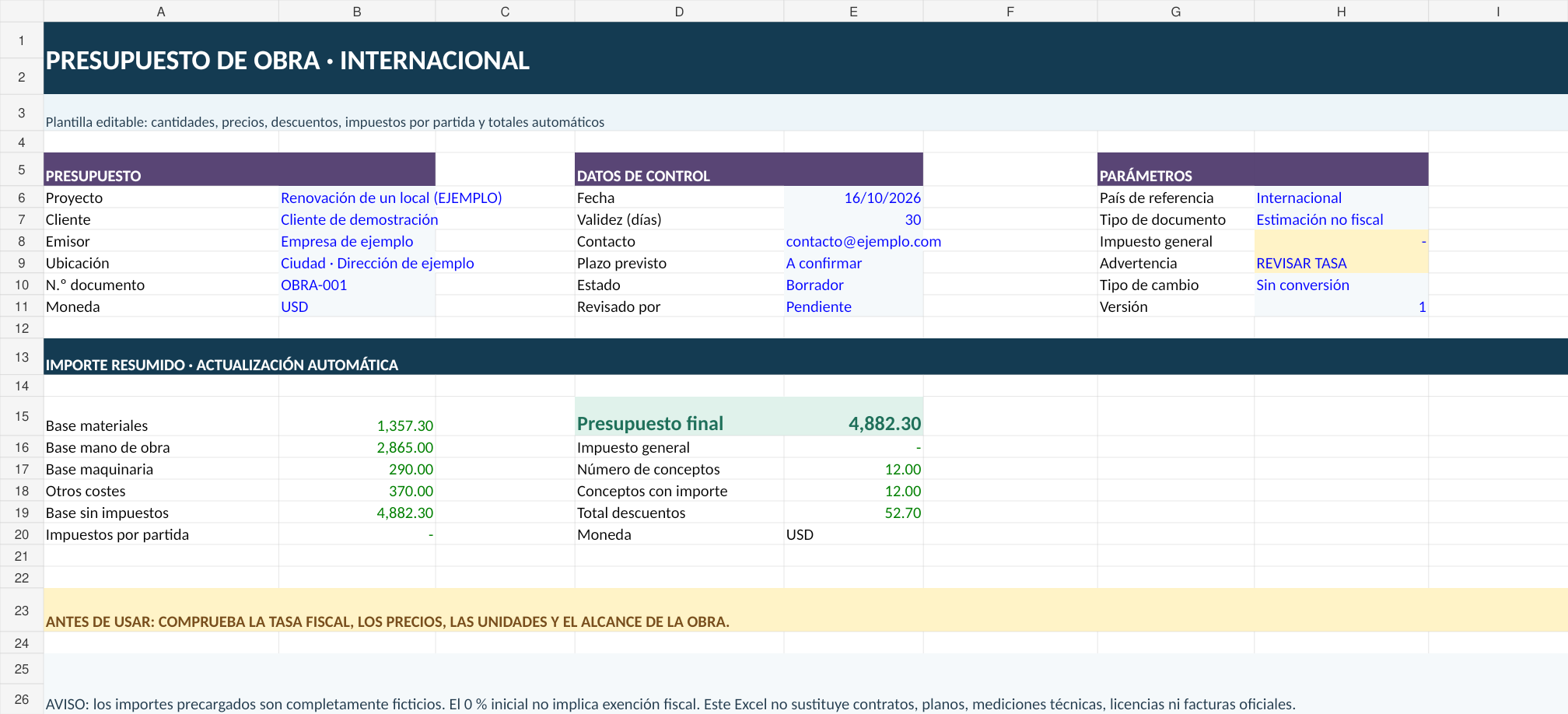 Presupuesto de obra en Excel automático: 3 modelos gratis 4 Vista previa real de Presupuesto de construcción internacional en Excel con resumen de costes y campos editables
