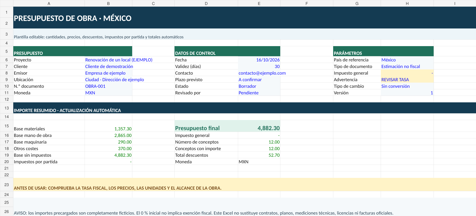 Presupuesto de obra en Excel automático: 3 modelos gratis 2 Vista previa real de Presupuesto de obra en Excel para México en Excel con resumen de costes y campos editables