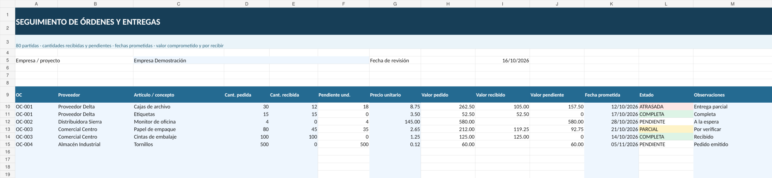 Orden de compra en Excel: 3 plantillas automáticas gratis 4 Captura real de la plantilla Excel Seguimiento de entregas parciales con datos de ejemplo y fórmulas